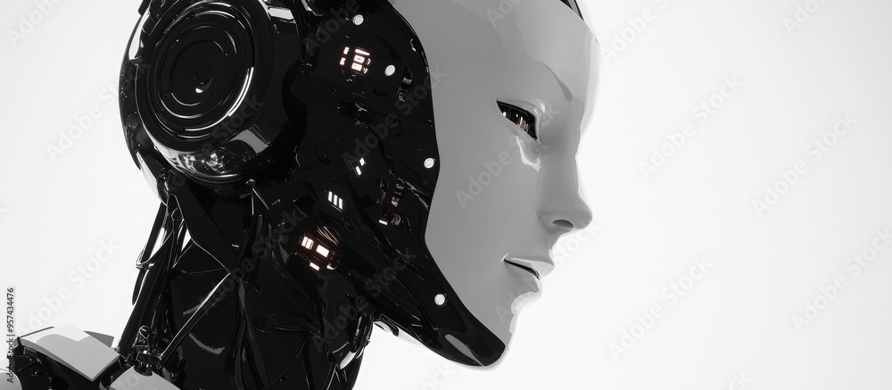Poster detailed depiction of a black and white ai robot on a white background showcasing concepts of automa