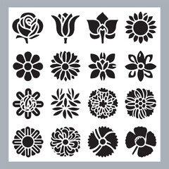 Set of logotype icons flowers Rose, Tulip, Orchid, Sunflower, Lily, Daisy, Daffodil, Jasmine, Lavender, Marigold, Peony, Chrysanthemum, Hibiscus, Poppy, Violet silhouettes in white background