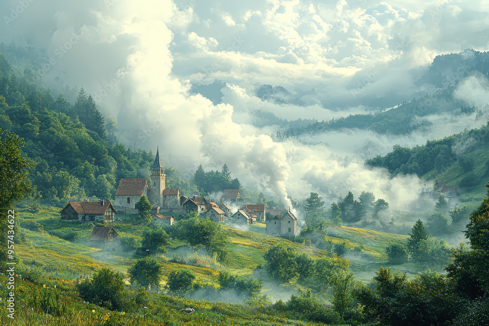 Wall mural a small village nestled in green hills, with smoke rising from chimneys. concept of rural life and c