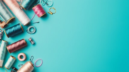 Colorful spools of thread and sewing supplies arranged on a bright turquoise surface in a creative workspace