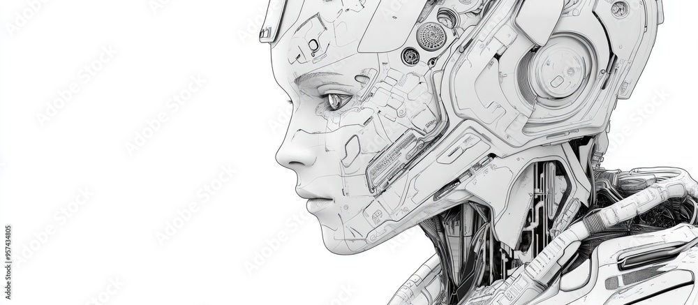 Poster Humanoid robot illustration featuring artificial intelligence Outline design for coloring pages isolated Raster version
