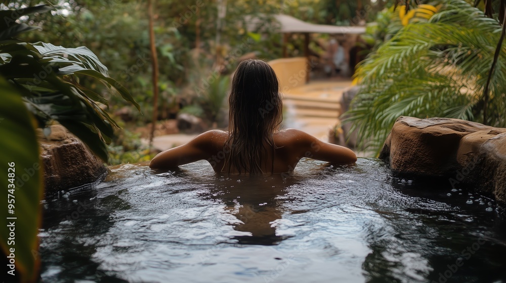Poster relaxing in a tranquil spa pool surrounded by lush greenery in a serene garden setting during the la