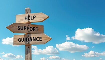 Wooden signpost with help, support, and guidance against a bright blue sky with scattered clouds.