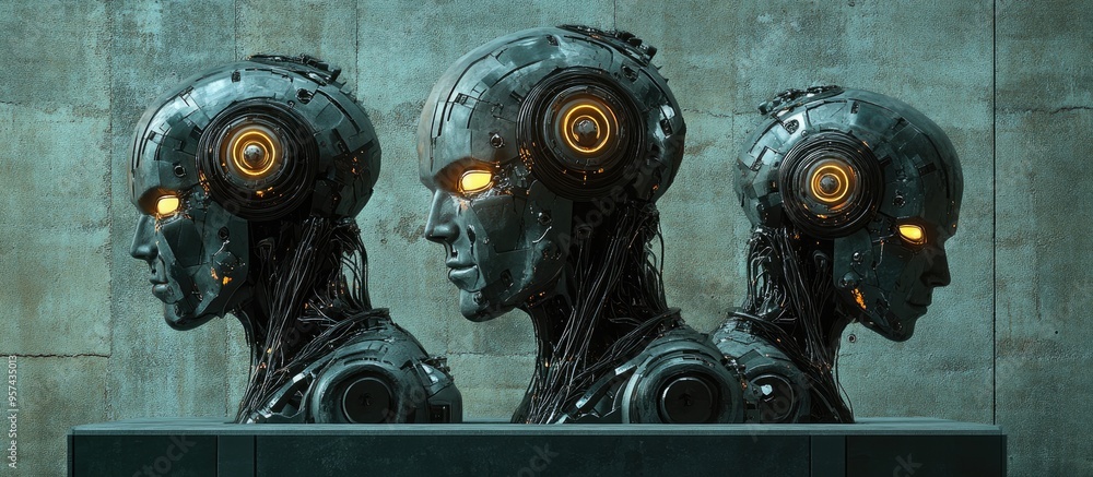 Poster robots featuring illuminated heads positioned on a podium against a textured green backdrop