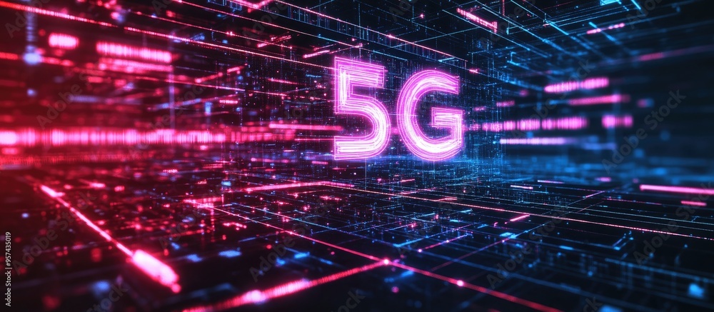 Poster digital hologram of a 5g network with an internet background featuring 3d rendering elements