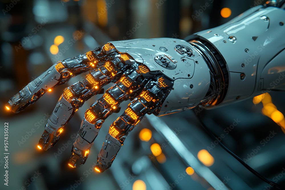 Poster a roboticist programming a robotic arm, perfecting its movements. concept of robotics and artificial