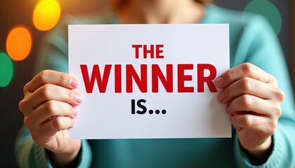 Woman holding a sign with bold text 'The Winner Is...', indicating a contest or announcement.