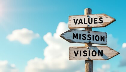 Wooden signpost with 'Values', 'Mission', and 'Vision' against a bright blue sky and scattered clouds background.