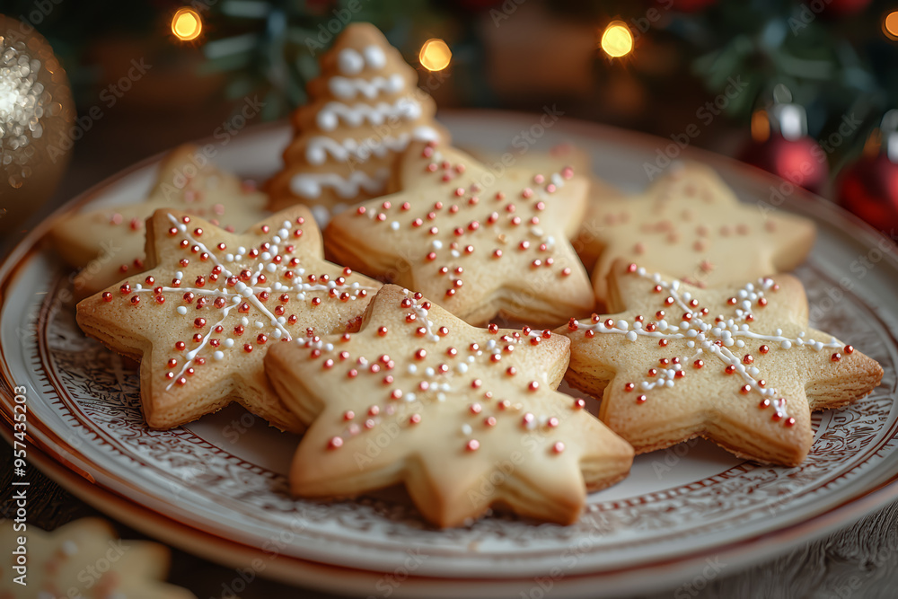 Sticker A plate of Christmas cookies shaped like stars, trees, and snowflakes, decorated with icing and sprinkles. Concept of holiday baking and festive treats.