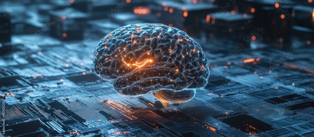 Poster digital brain technology background design featuring advanced artificial intelligence concepts