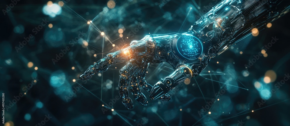 Poster cybernetic organism and ai with a robotic mechanical arm illustrate the concept of the internet of t