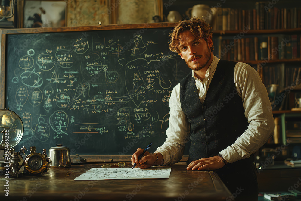 Poster a physicist writing complex equations on a chalkboard, absorbed in thought. concept of theoretical s