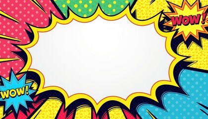 Fototapeta premium Colorful comic book style background featuring a speech bubble with 'WOW!' text in vibrant pop art design.