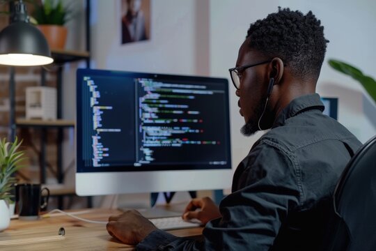 He is typing on a keyboard and he is focused on his work,generative ai image