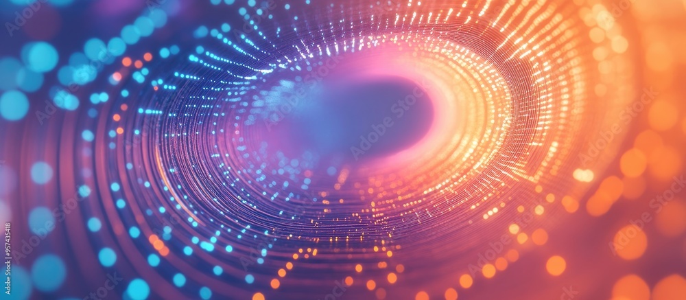 Poster connected dots and lines forming a tunnel with illuminated fiber rays and a gradient backdrop repres