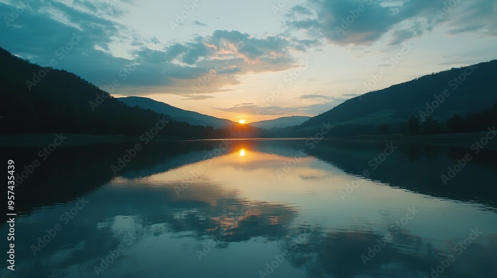 Wall mural a serene lake surrounded by majestic mountains with a glowing sun setting over it all, casting soft 