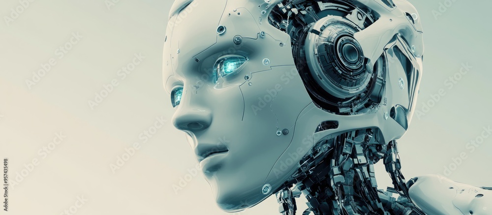 Poster 3d illustration of a humanoid robot head representing artificial intelligence showcasing a digital b