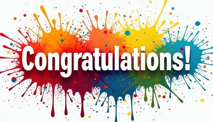Colorful congratulatory message with splattered paint background in various hues of red, blue, yellow, and green.