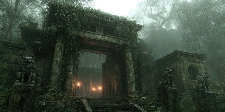Mysterious Ancient Temple Entrance in Dense Jungle with Fog and Stone Statues Illuminated by Torches, Evoking an Adventurous Atmosphere
