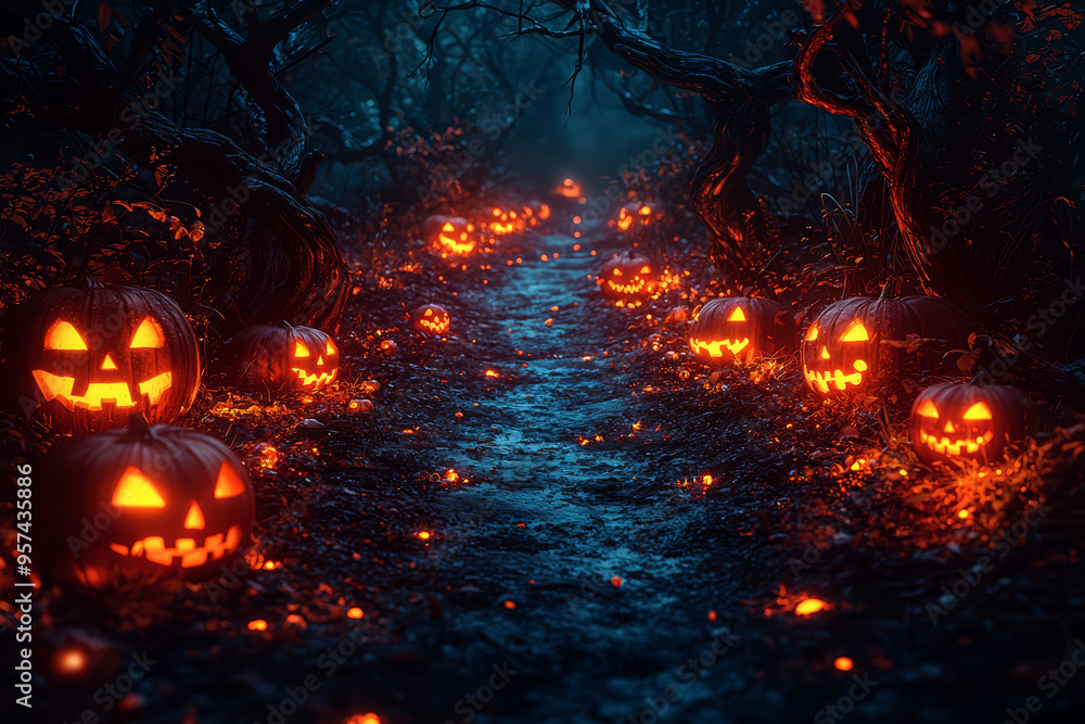 Poster a haunted forest path, lined with twisted trees and glowing pumpkins. concept of halloween adventure