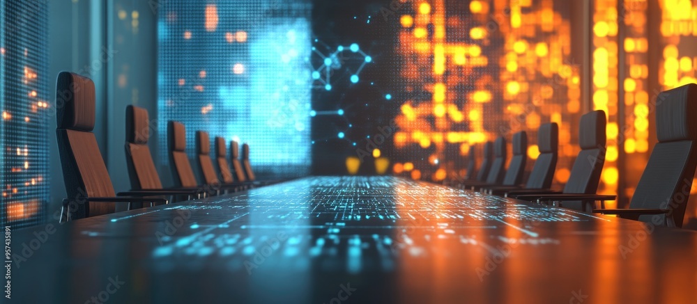 Aufkleber double exposure of an abstract programming illustration over a contemporary boardroom backdrop highl