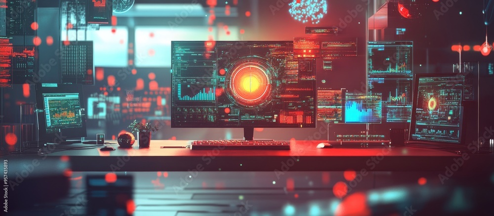 Aufkleber technology themed illustration featuring a computer and a table showcasing a multi exposure concept 