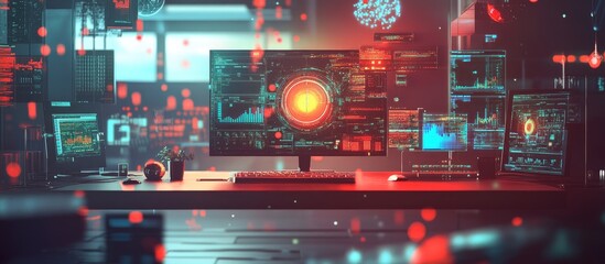 Obraz premium Technology themed illustration featuring a computer and a table showcasing a multi exposure concept of information