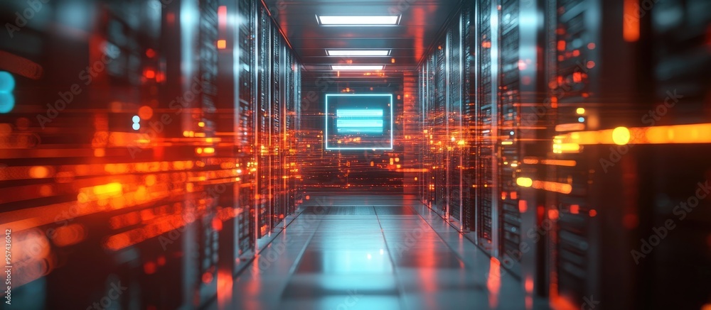 Poster concept of data storage on an online server with a holographic display above a blurred office enviro