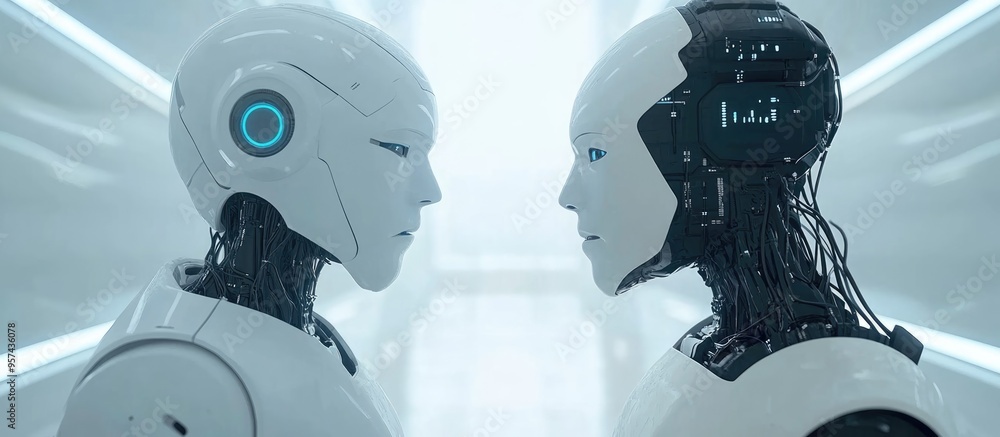 Poster robot and human worker compete in a futuristic business setting highlighting automation and artifici