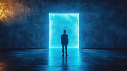 Obraz premium Back rearview silhouette of a businessman standing in front of a large glowing blue door, mysterious gateway to the unknown future concept.