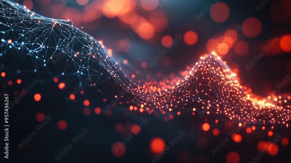 Poster abstract illustration of data technology featuring low poly shapes connected by dots and lines on a 