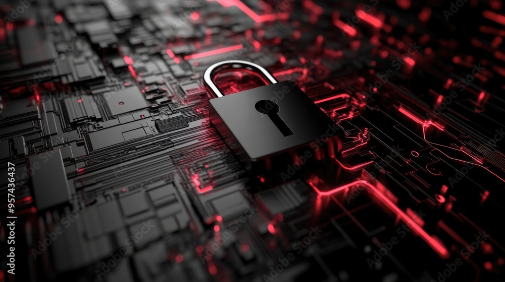 Poster safety concept featuring a closed padlock on a digital backdrop emphasizing cybersecurity with a bla