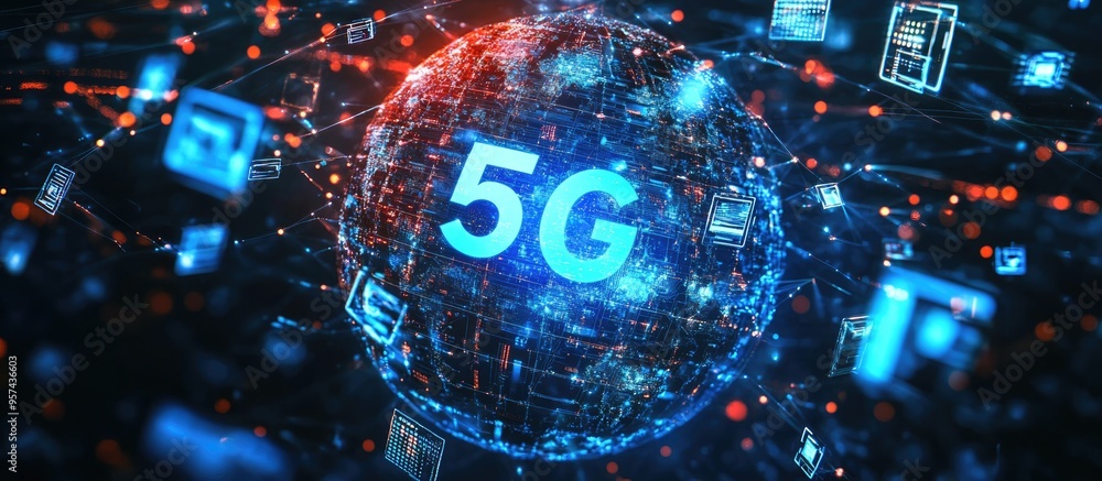 Poster 5g network concept featuring a holographic digital globe and interconnected symbols emphasizing the 