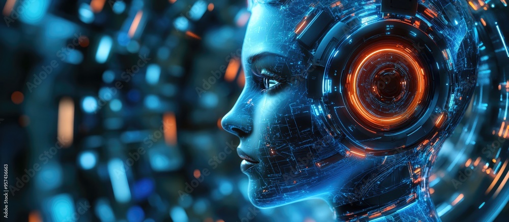 Poster 3d illustration of a metallic female artificial intelligence within a futuristic computer core embod