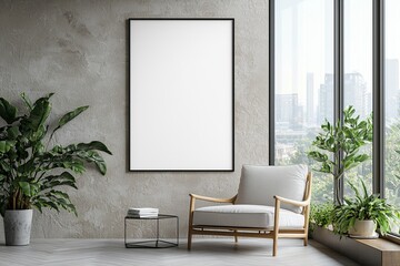 Poster Frame in Beige minimalist living room interior created with generative AI