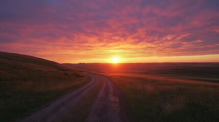   A stunning view of a dirt road in a grassy field as the sun sets in the distance