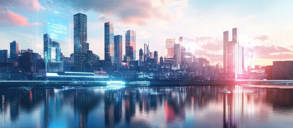 Aufkleber city skyline view across a river during the day featuring modern architecture and a holographic repr