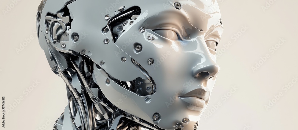 Poster intricate 3d rendering of a robotic face or cyborg head in profile set against a neutral background