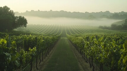 Naklejka premium A vineyard with rows of vines in the foreground and trees on the other side, shrouded in mist