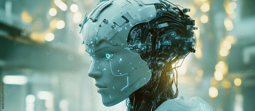 Poster 3d illustration of a humanoid robot head representing artificial intelligence showcasing a digital b