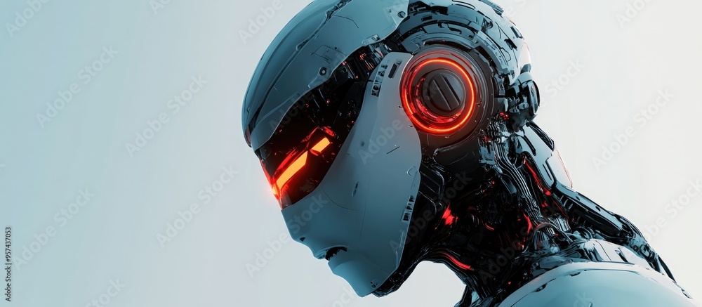Poster 3d illustration of a menacing ai robot turned away from the viewer
