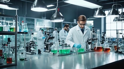 Group of Men in Lab Coats Conducting Experiments in Laboratory