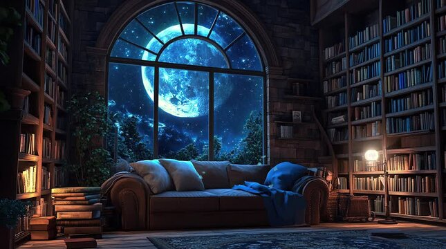 Luxurious castle interior featuring a plush sofa with a grand window showcasing a full moon and starry night sky
seamless looping 4k time-lapse virtual video animation background. generated ai