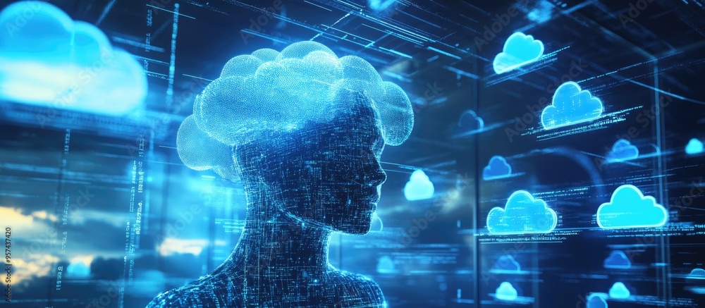 Poster concept of cloud computing technology featuring a 3d rendered cyborg interacting with cloud systems