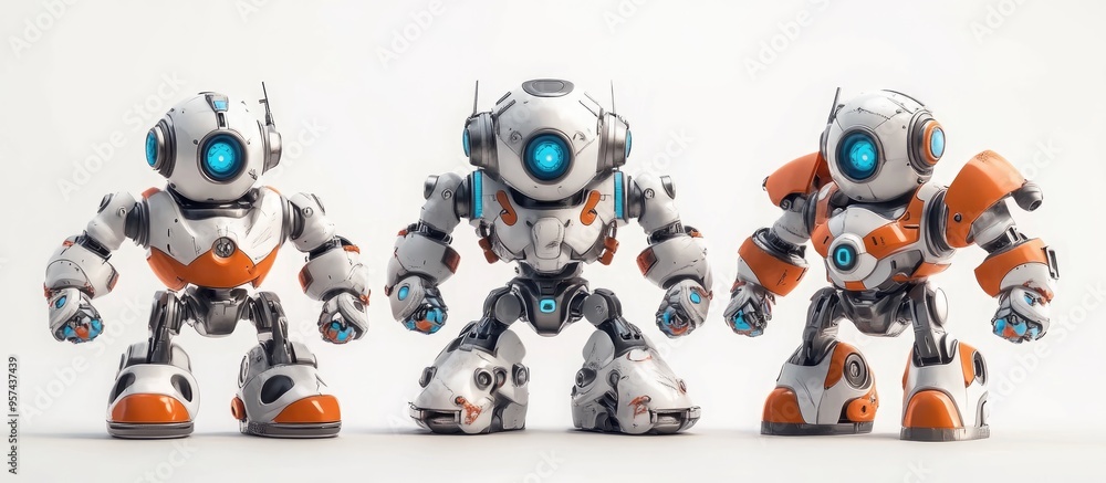Poster 3D rendering illustration of action toy robot characters isolated on a white background