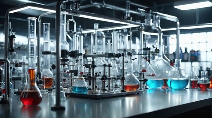 Row of Glass Flasks Filled With Liquid