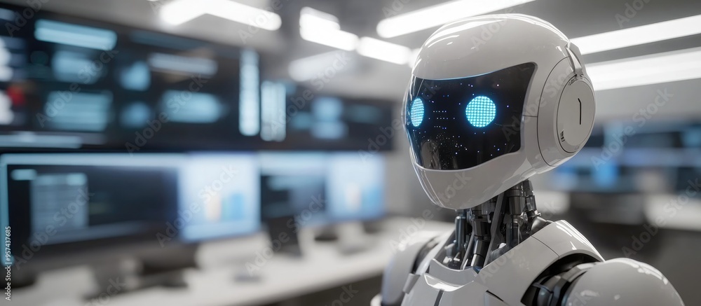Poster automation worker concept featuring a 3d rendered ai robot performing tasks in a modern office envir