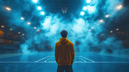 Rearview of a male athlete in a yellow jersey standing on a basketball court surrounded by dramatic mist and lights, focus and determination