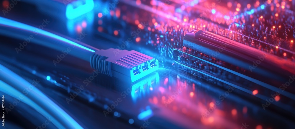 Poster technician connects a network cable using rj45 connectors demonstrating the process of setting up a 