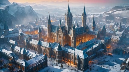 Aerial View of Snow-Covered Castle